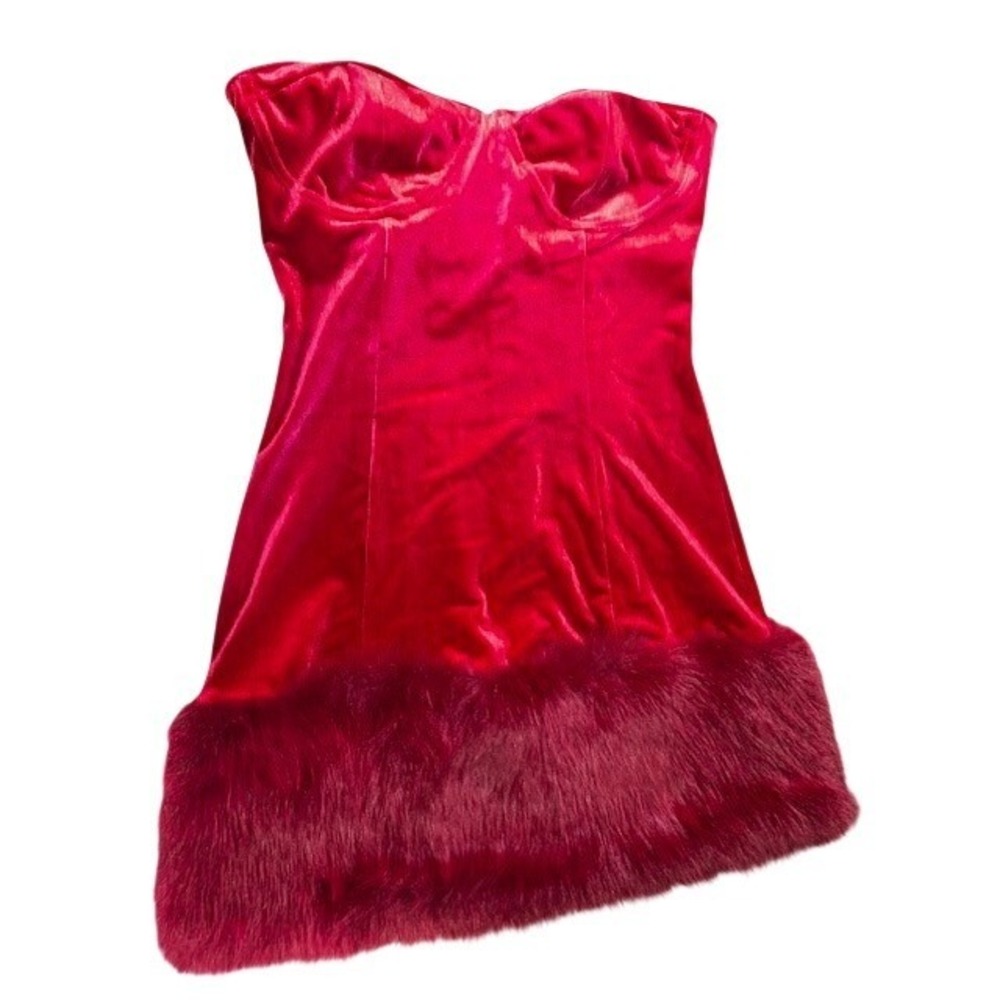 Johnny Wujek Womens Red Velvet Faux Fur Trim Strapless Cocktail Dress Size‎ 11